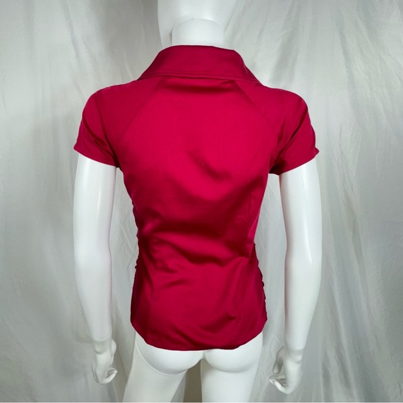 Ann Taylor Ruched Front Collared V-Neck Fitted Wine Colored Blouse - Picture 4 of 7